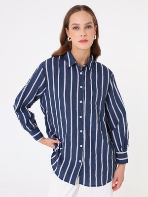 Benin Çizgili Klasik Bluz / Gömlek Lacivert Cizgili