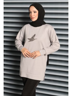 Tofisa Grı Gri Kuş Taşlı İşlemeli Modal Tunik
