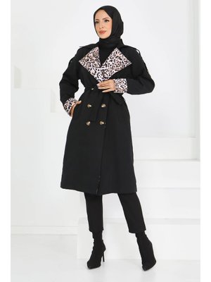 Tofisa Sıyah Siyah Düğmeli Leopar Detaylı Miranda Trençkot