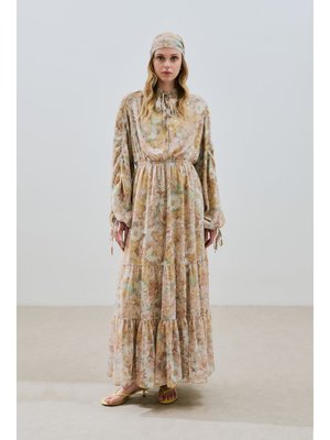 MANUKA Uzun Büzgülü Şifon Elbise Blossoms