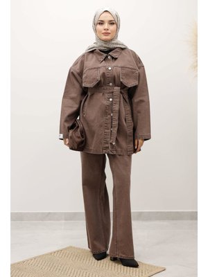 Tesettür Dünyası Sütlü Kahve Kemerli Denim Takım
