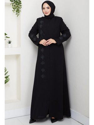 Hafsa Mina Siyah Deri İşlemeli Ferace