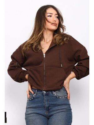 İmaj Butik Kahverengi Sağ Kol Fermuarlı Cepli Üç İplik Sweat Hırka