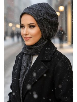 AİŞE TESETTÜR Antrasit Kırçıl Fiyonklu Bere
