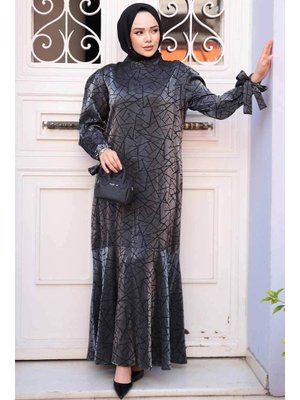 Neva Style Desenli Antrasit Saten Elbise 4457ant