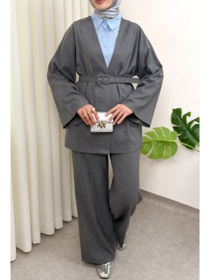 Salih Çelebi Gri Kemerli Kimono Takım