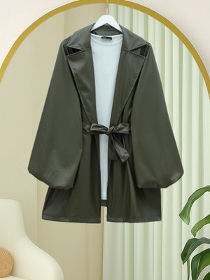 Podyumplus Haki Balon Kol Kemerli Deri Ceket