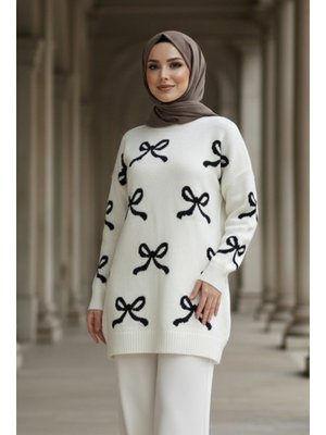 Neva Style Kurdele Desenli Krem Triko Kazak Tunik 8754kr