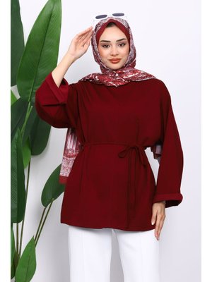 İmaj Butik Bordo Yanları Yırtmaçlı Bel İpli Tunik