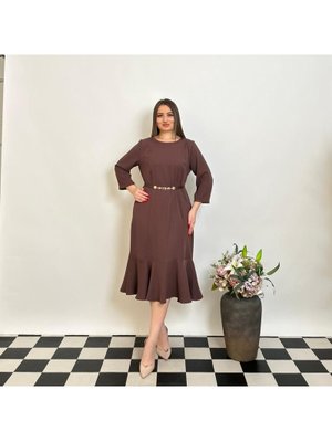 De White`s Büyük Beden Alt Etek Kısmı Balık Detaylı Kemerli Elbise Kahve