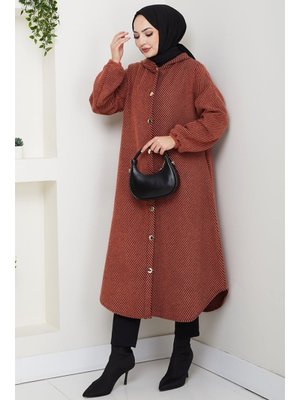 Bestenur Kiremit Çizgi Detay Kapüşonlu Kaşe Kap