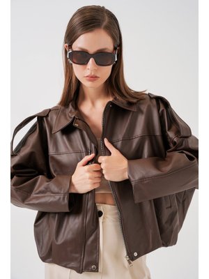 Bigdart Kahverengi Oversize Deri Ceket