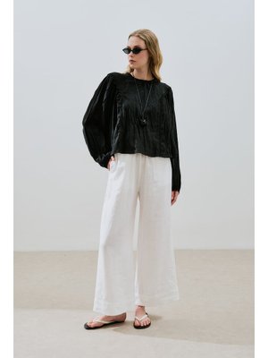 MANUKA Siyah Keten Crush Efektli Bluz