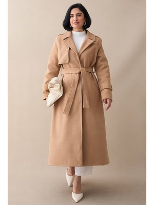 InStyle Tek Kapaklı Cepli Kuşaklı Camel Kaşe Kaban