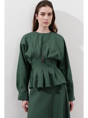 MANUKA Petrol Keten Kruvaze Bağlamalı Bluz