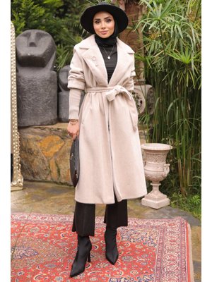 İmaj Butik Bej Kolları Örgü Detaylı Angora Kaban
