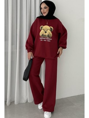 Bestenur Bordo Ayıcık Desen Üç İplik İkili Takım
