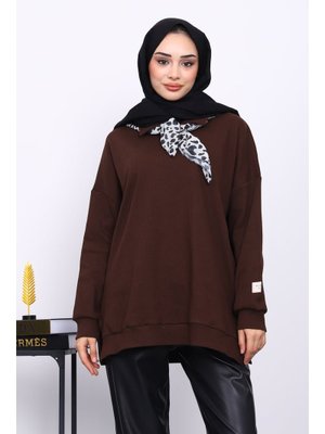 İmaj Butik Kahverengi Yaka Fular Detaylı Tunik