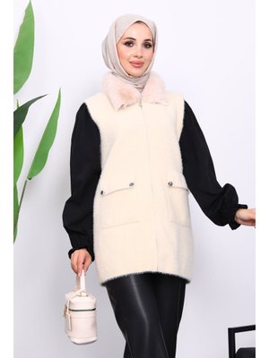İmaj Butik Krem Yaka Kürklü Cepli Triko Yelek