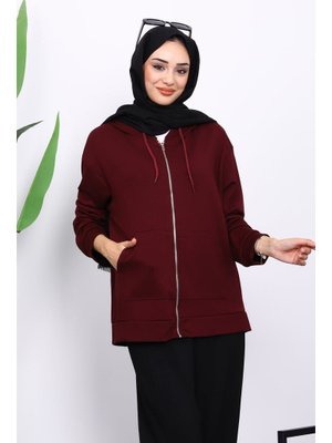 İmaj Butik Mürdüm Kapüşonlu Fermuarlı Modal Sweat Hırka