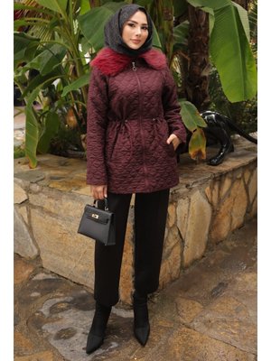 İmaj Butik Mürdüm Yaka Kürklü Kapitone Mont