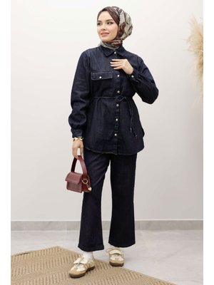 Tesettür Dünyası Koyu Mavi Çift Cepli Beli Bağlamalı Kot Takım