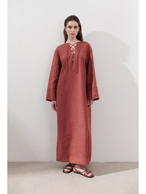 MANUKA Kiremit Keten Bağlama Detaylı Elbise