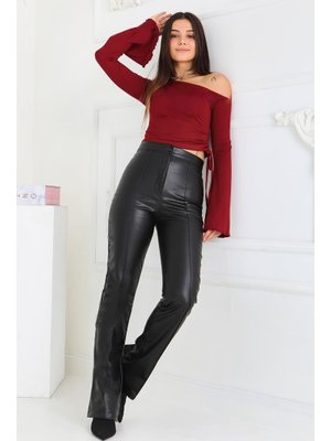 Tofisa Siyah Sıyah İspanyol Paça Suni Deri Pantolon
