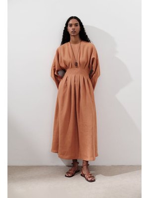 MANUKA Turuncu Keten Pile Detaylı Elbise