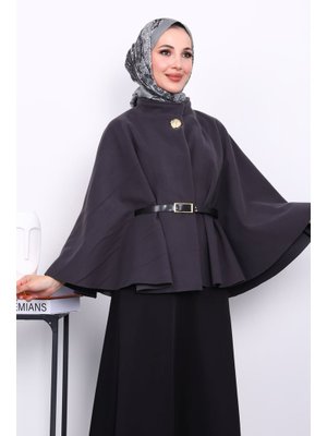 İmaj Butik Antrasit Kemerli Kaşe Panço