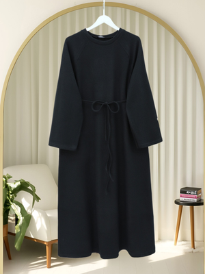 Podyumplus Siyah Beli Bağlamalı Yuvarlak Yaka Selanik Elbise