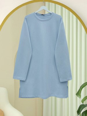 Podyumplus Bebe Mavi Yuvarlak Yaka Yırtmaçlı Salaş Penye Tunik