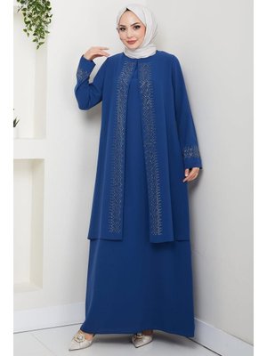 Hafsa Mina İndigo Parlak Taşlı Büyük Beden Anne Elbisesi