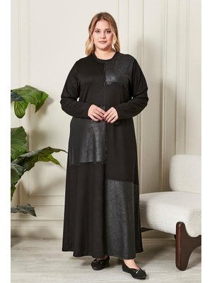 Ferace Siyah Büyük Beden Deri Detaylı Kristal Penye Elbise
