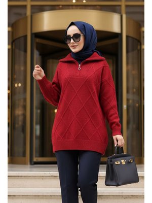 Neva Style Baklava Detaylı Kırmızı Triko Kazak Tunik 83961k