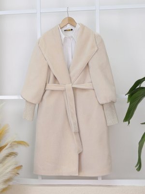 Podyumplus Krem Kolu Ribanalı Şal Yaka Astarlı Kaşe Kaban