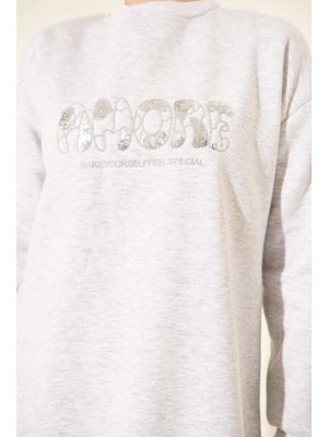 Volt Clothing Gri Amore Nakışlı Üç İplik Tunik