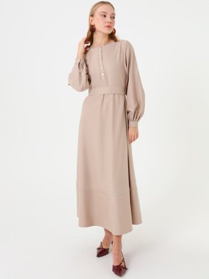 Refka Camel Poplin Kumaşlı Bel Detaylı Düğmeli Elbise