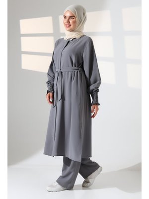 İhvanonline Gri Keten Hac Ve Umre Kıyafeti Kemerli İkili Takım