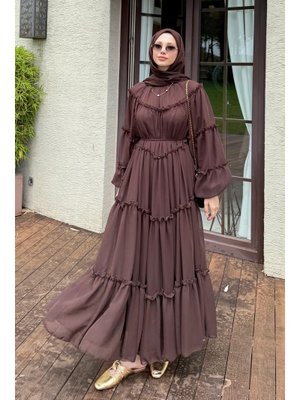 Salih Çelebi Kahverengi Şifon Fırfırlı Elbise