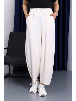İmaj Butik Ekru Bel Lastikli Cepli Pantolon