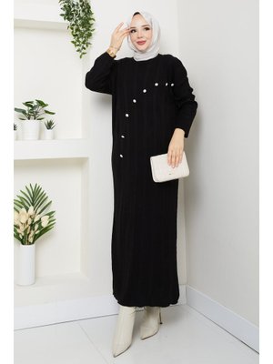 Pamuk Butik Taş Detaylı Büyük Beden Fitilli Uzun Triko Elbise