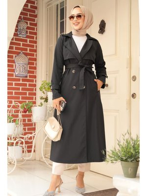 Neva Style Düğmeli Siyah Trençkot 6103s