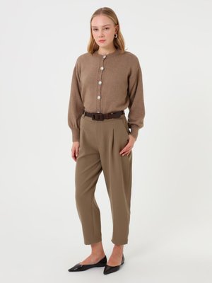 Benin Camel Tam Boy Düğmeli Basic Triko Hırka