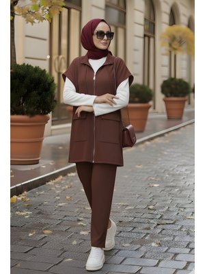 İmaj Butik Kahverengi Scuba Yelek Pantolonlu Üçlü Takım