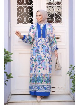 Neva Style Çiçek Desenli Sax Mavisi Elbise 24012sx