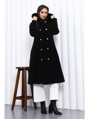 İmaj Butik Siyah Kapüşonlu Kapitone Uzun Mont
