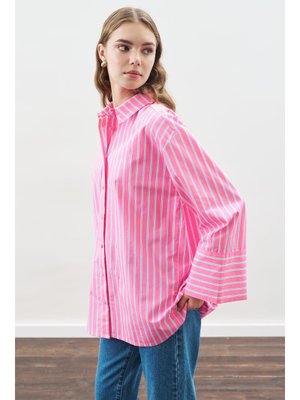 MANUKA Çizgili Pamuklu Gömlek Pembe Çizgi