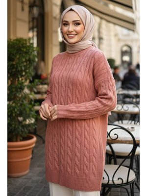 Neva Style Örgü Detaylı Somon Triko Kazak Tunik 8263smn