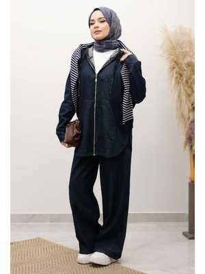 Tesettür Dünyası Koyu Mavi Fermuarlı Kapüşonlu Kot Takım